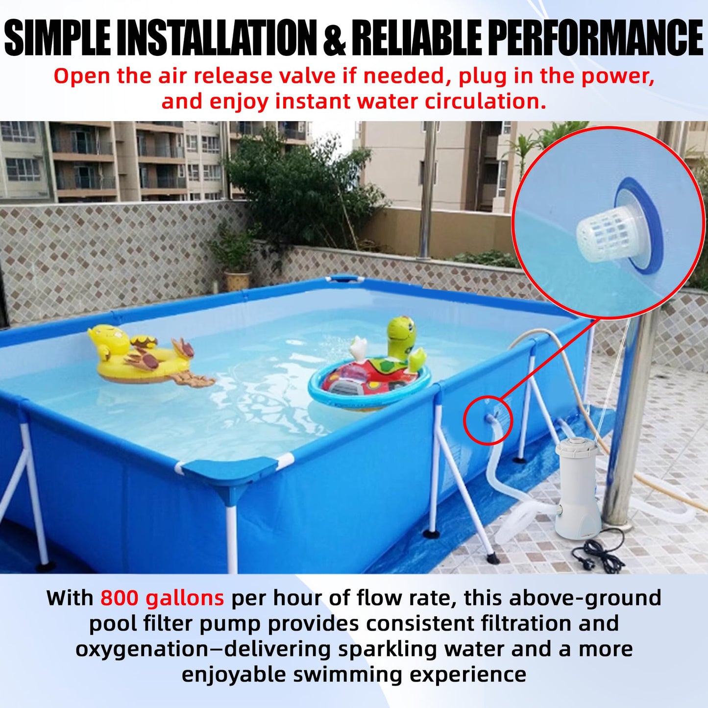 TonGass 800 GPH Pool Filter Pump for Above Ground Pools, Powerful Circulation System with Filter Cartridge, GFCI Safety Protection, Easy to Install Pool Pump for Pools up to 5000 Gallons
