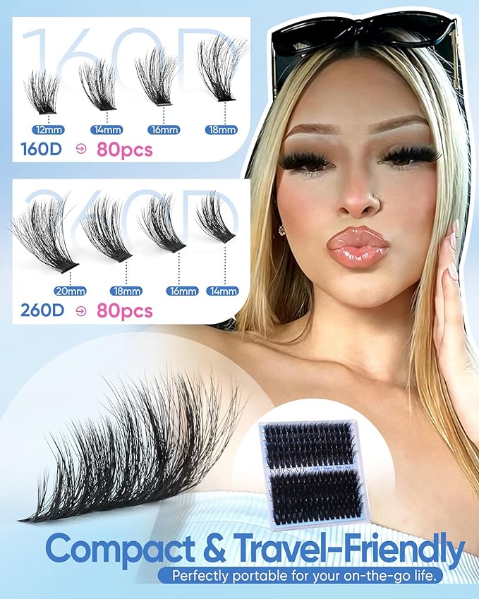 CORUSCATE Lash Clusters 160D+260D Mega Eyelash Clusters 12-20mm Mink Lashes Individual Thick Volume Cluster Eyelash Extensions Dramatic Salon Look Lash Extension DIY Cluster Lashes Travel Pal Pack