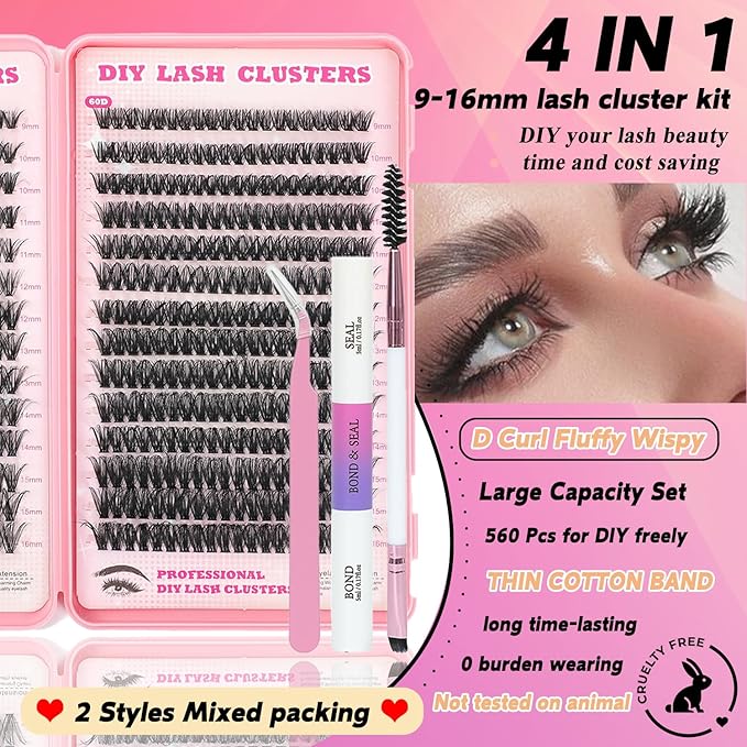 Lash Clusters Kit, 560 Pcs Eyelashes Clusters Kit 9-16mm Individual Lash Extension Kit D Curl Fluffy Wispy False Eyelashes (50D+60D New, Lash Clusters Kit)