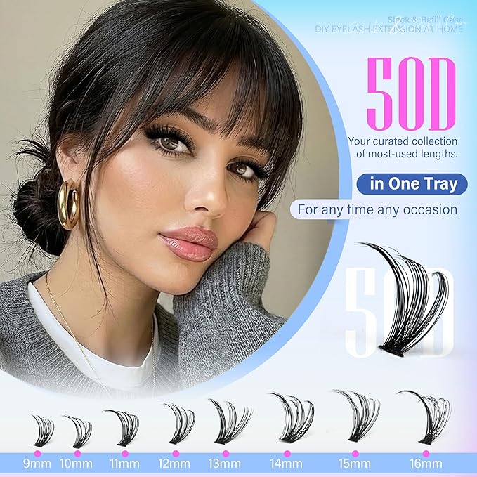 Pawotence Lash Clusters 200pcs Individual Lashes 50D Cluster Eyelash Extensions 9-16mm Eyelash Clusters Lash Extensions for Self Application (50D, 0.07D, 9-16mm Refill)