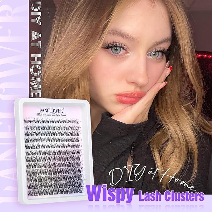 Natural Lash Clusters Kit Wispy Lash Extension Kit C Curved Eyelash Clusters Kit Natural Cluster Eyelash Extensions Kit 8-16mm Individual Lashes with Lash Bond and Seal Lash Tweezers by Lanflower