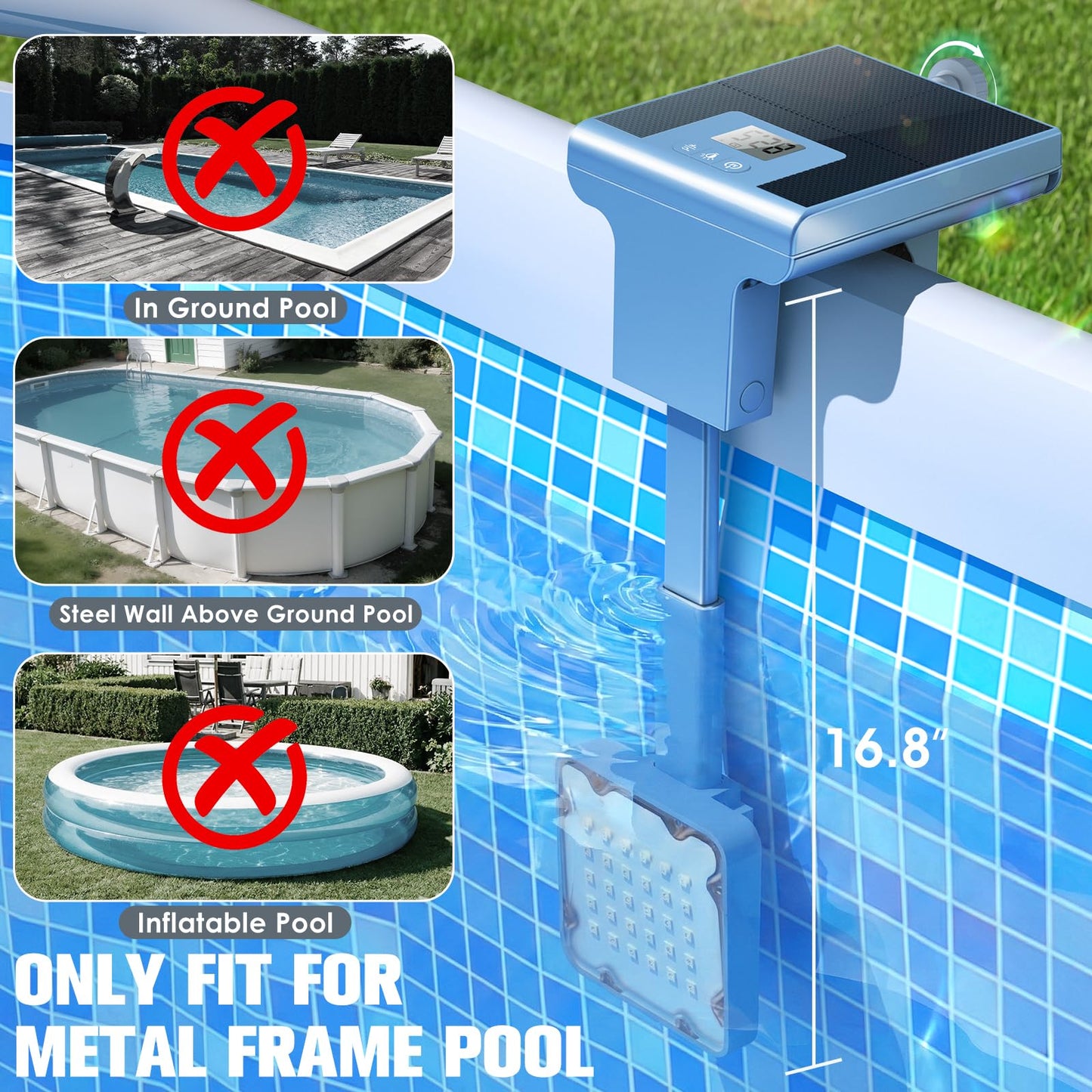 LightHacker Solar Pool Lights for Metal Frame Above Ground Pool, Upgraded Solar Lights w/LCD Pool Thermometer,Underwater Led Lights for Pool Accessories,Swimming Pool Lighting with 10 Light Modes,1PC