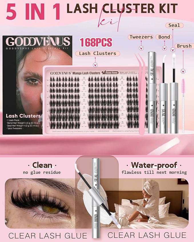 Fluffy Manga Lash Clusters Kit, Natural Wispy Cluster Eyelash Extensions, DIY Lash Extension at Home For Dolly Anime Look, Fairy Individual Lashes Kit with Waterproof Bond and Seal