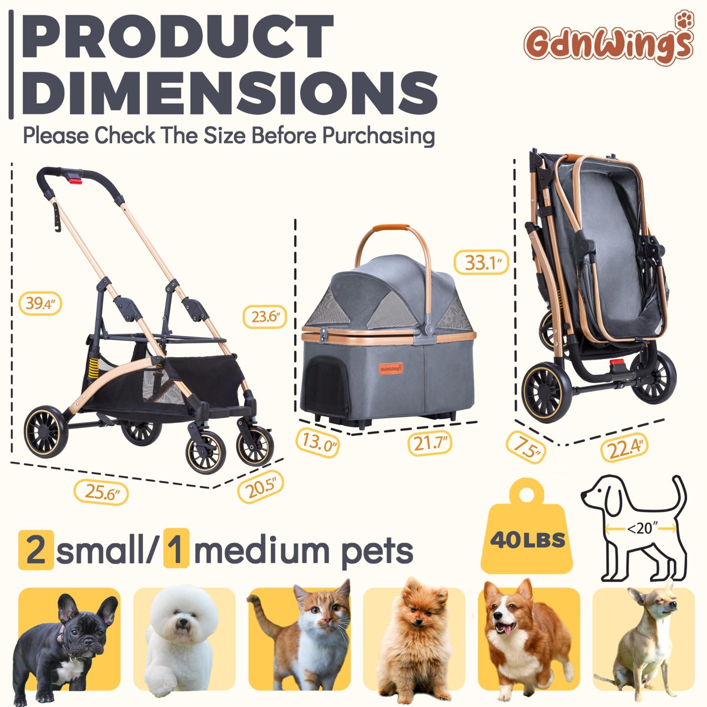 GdnWings Pet Stroller for Small Dogs, Lightweight Small Dog Stroller for Dogs Cats with 6 Shock Absorption System, Detachable Carrier Suitable for Car Seat & Hand Carry, Safe Outings, Gray