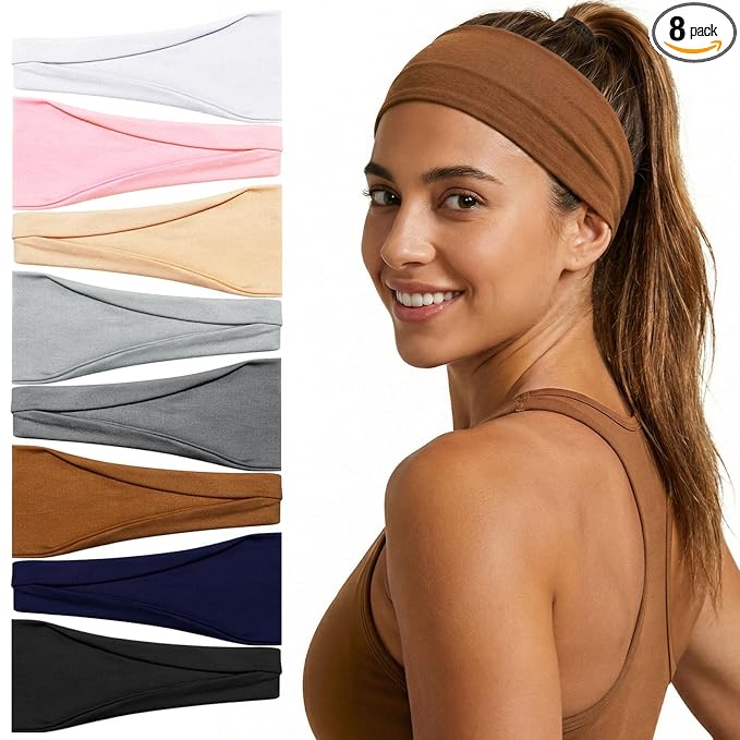 obeoby Wide Sport Headbands, 8 Pack Stretchy Headbands for Yoga Running Simple Solid Color Head Bands for Fitness Enthusiasts
