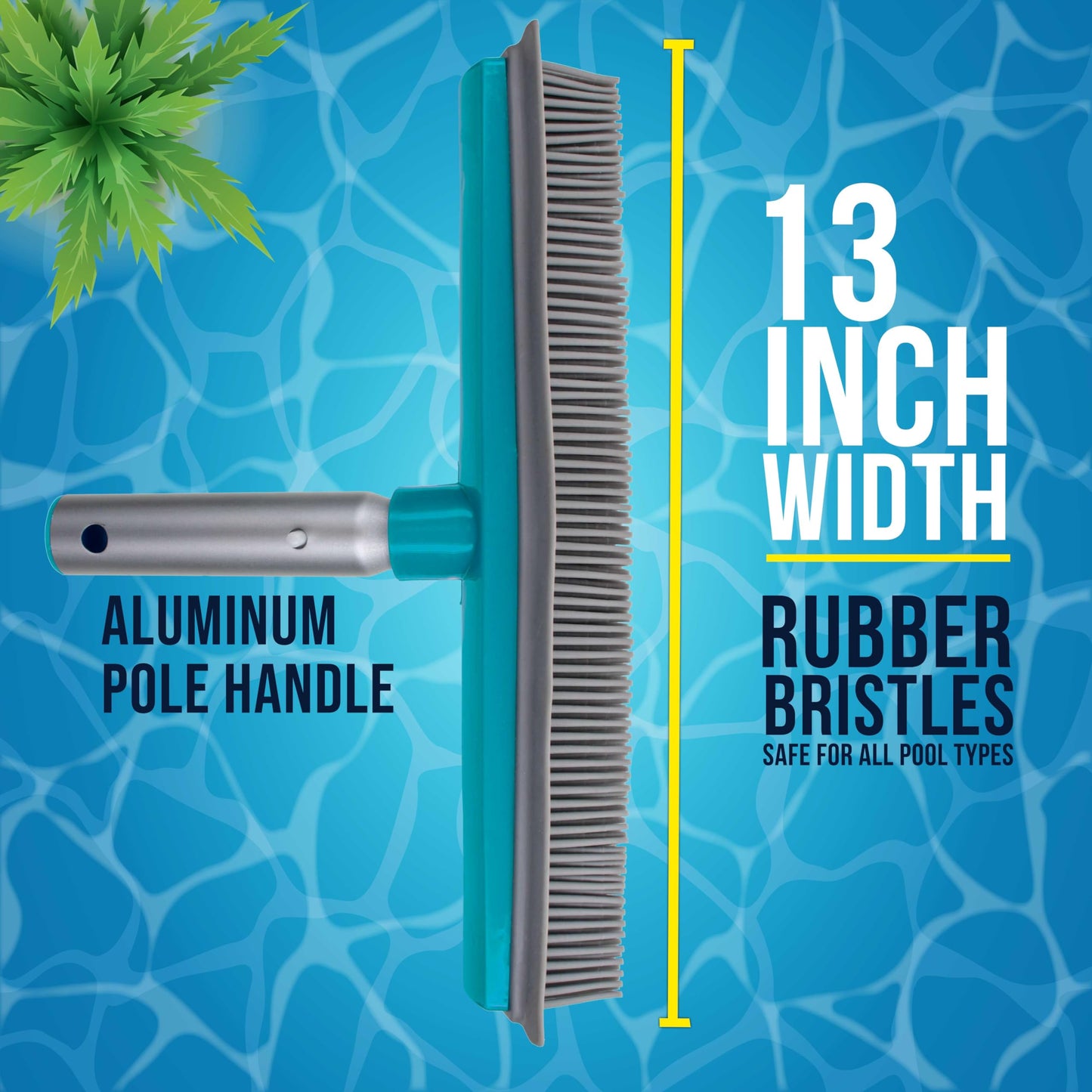 U.S. Pool Supply 13" Pool Brush with Rubber Bristles and Squeegee Edge - Safe for Vinyl Liners, Ideal for Above-Ground Pools, Aluminum Pole Handle - Scrub Leaves Debris from Walls, Floors, Corners