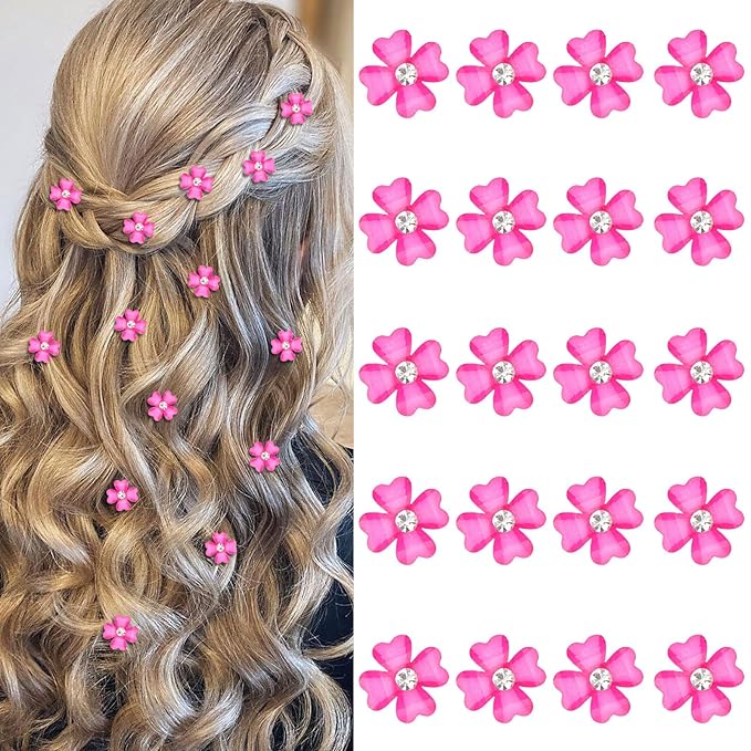 YISSION 20 Pcs Mini Hot Pink Flower Hair Clips with Rhinestone Cute Hair Pins Decorative Hair Clips Wedding Hair Barrettes Bridal Hair Accessories for Girls Women