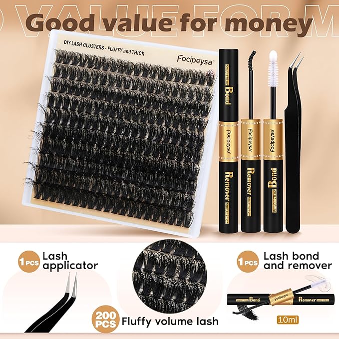 Focipeysa Fluffy Volume Lash Clusters DIY Eyelash Extension Kit D Curl Thick Lash Clusters Kit 10-18mm Thick Lash Extensions 90D Individual Eyelashes Extensions Kit with Lash Bond Lash Remover