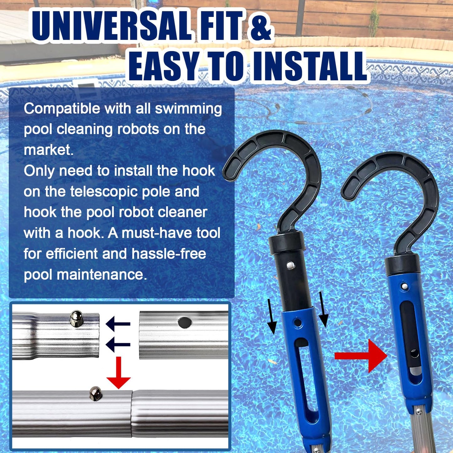 Hook for Robotic Pool Cleaner with Adjustable Aluminum Pool Pole, Accessories Hooks with 5.2 Feet Pole for All Pool Vacuum Robot Including Cordless,2PCS Hooks and 1 Pool Pole