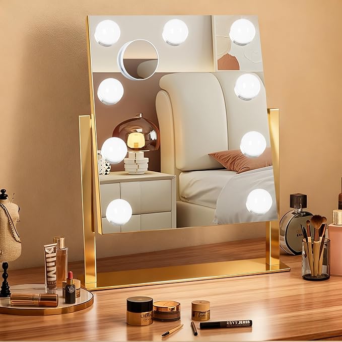 Gold Hollywood Vanity Mirror with Lights, 9 Dimmable Bulbs, 3 Color Lights,Make Up Lighted Mirror, 10x Magnification 360°Rotation(12" x 14")