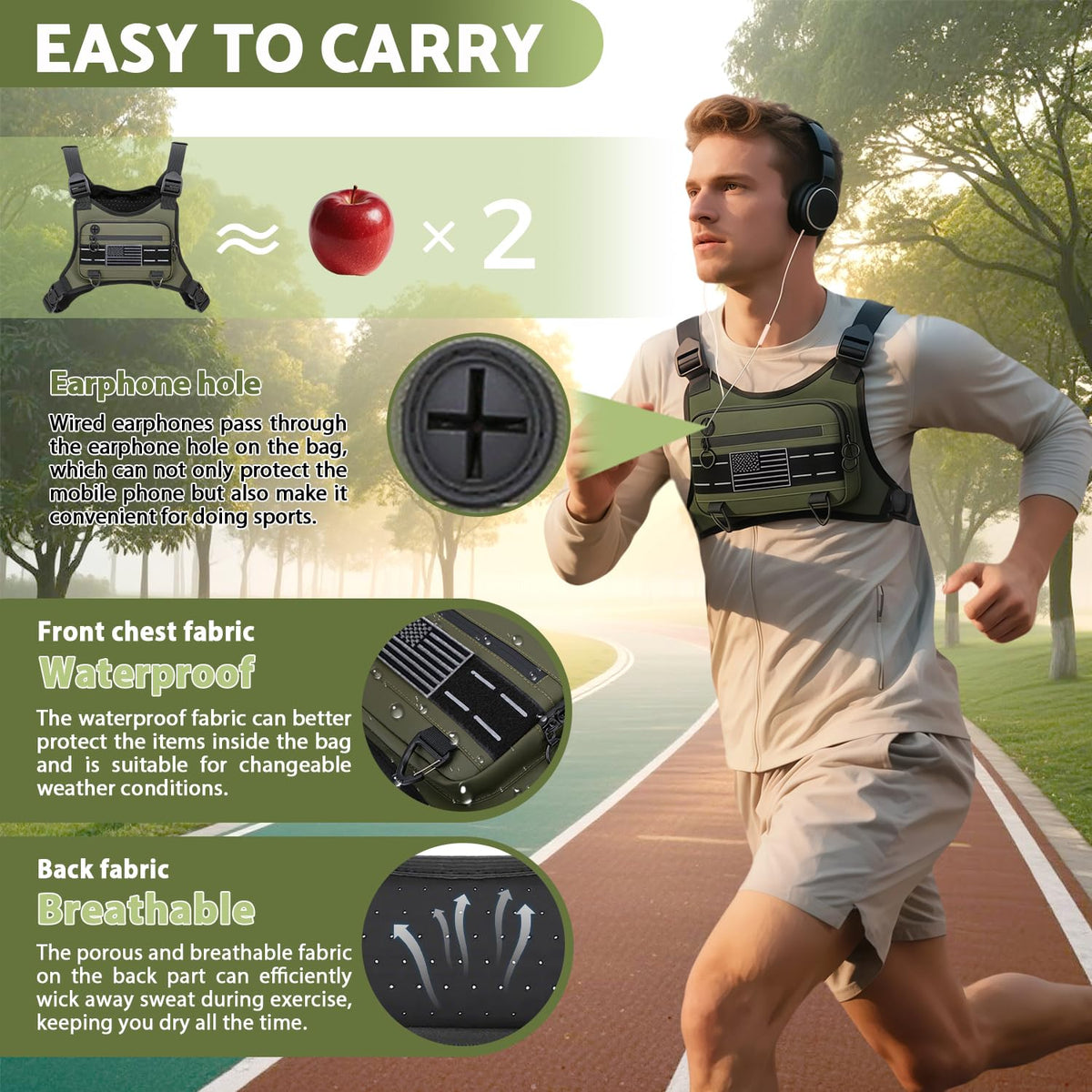 Muserise Sports Chest Bag For Men Women, Water Resistant Lightweight Front Chest Pack, Running Vest Bag With Built-In Phone Holder & Extra Storage For Workouts, Running, Cycling (Olive)
