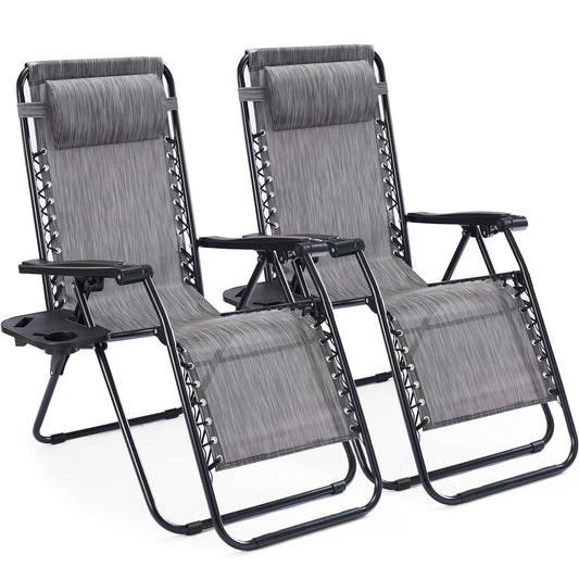Sweetcrispy Zero Gravity Chairs, Set of 2 Portable Recliner Beach Camping Patio Outdoor Folding Lounge Chair with Cup Holder Trays and Adjustable Pillow for Poolside, Garden, Backyard, Lawn (Grey)