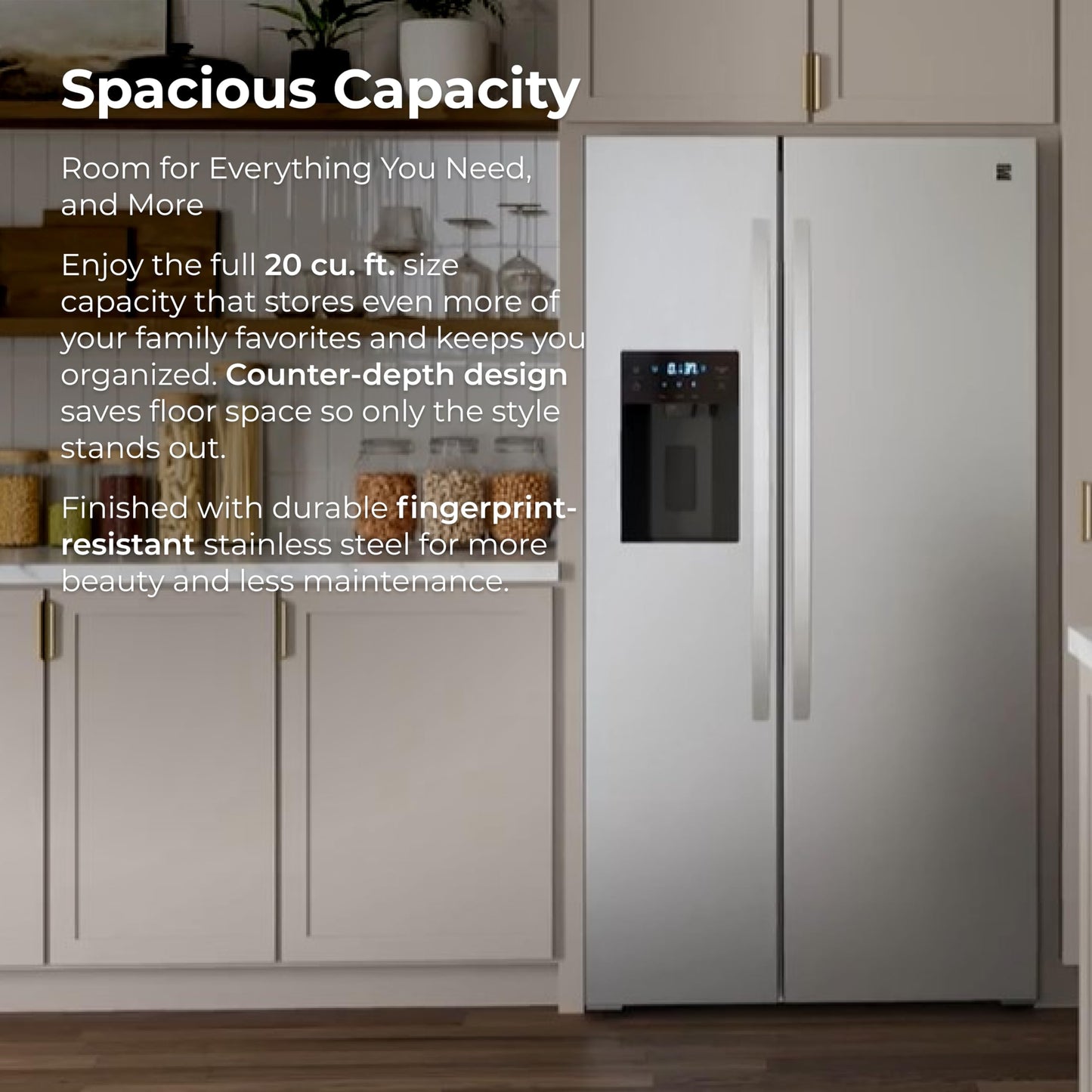 Kenmore 36" Side-by-Side Refrigerator with Freezer - Accela Chill, Water & Ice Dispenser, Adjustable Glass Shelves, ENERGY STAR Certified, 20 cu. ft. Capacity - Fingerprint Resistant Stainless Steel