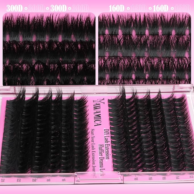 Yawamica Volume Lash Clusters Fluffy Wispy Eyelash Clusters 160D+300D Full Dramatic Cluster Eyelash Extensions 12-24mm Long Thick Individual Lashes DIY Salon Extensions by Self