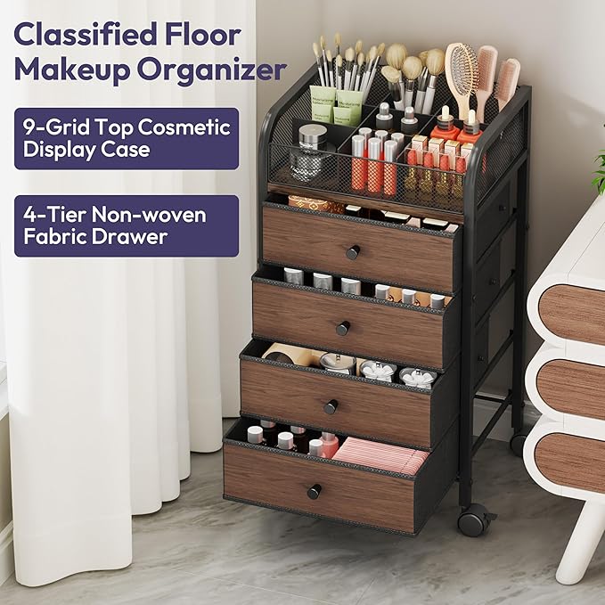 SWTYMIKI Rolling Makeup Organizer Cart - 14.96Ã¢ÂÂ³*11.81Ã¢ÂÂ³*27.55Ã¢ÂÂ³ Widened Under Desk Vanity Storage with 4 Non-woven Drawers, Cosmetic Display Cases for Skin Care Perfume Nail Polish Brush Hair Tool Black