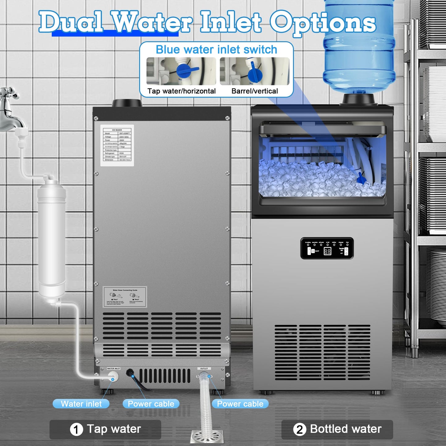 Commercial Ice Maker Machine 100LBS/24H, 36Ice Cubes/Cycle Stainless Steel Freestanding & Undercounter Ice Maker with 20LBS Storage, 2 Water Inlet Modes,Self-Cleaning for Homes,Bars,Restaurants