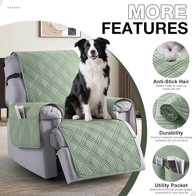 TAOCOCO 100% Waterproof Recliner Chair Covers, Non Slip Recliner Covers for Recliner Chair with Pocket, Washable Reclining Chair Cover Furniture Protector for Kids,Dogs(22'', Sage Green)