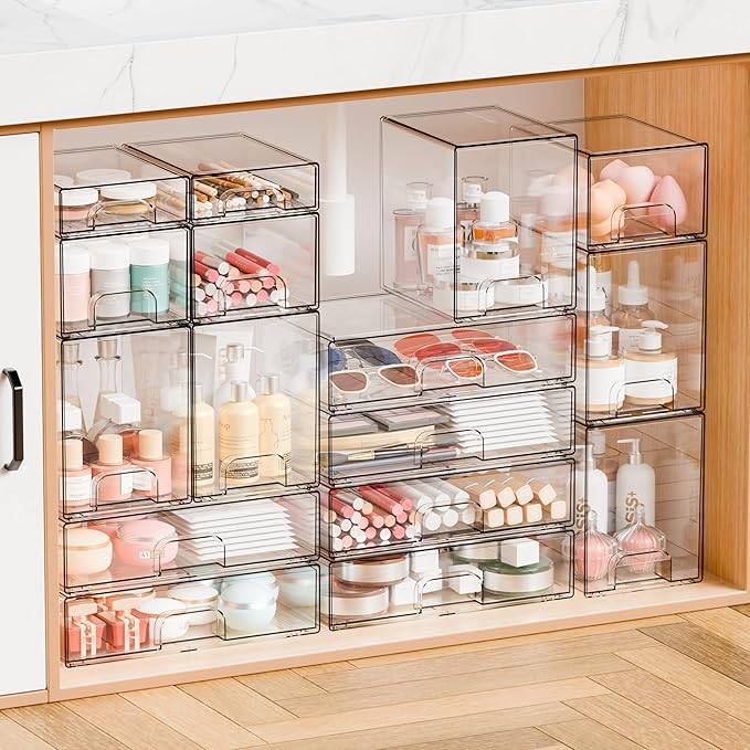 Yieach 8 Pack Small Clear Stackable Storage Drawers,2.2'' Tall Desk Organization and Storage,Plastic Office Supply Organizer,Acrylic Storage Containers for Makeup,Hair Clip,Accessory,Pen,Art Crafts