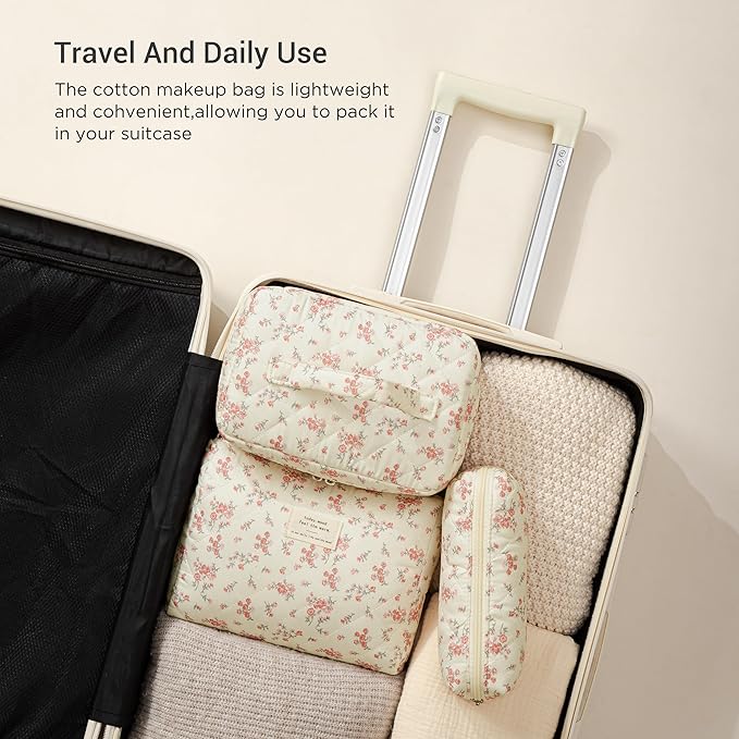 HBselect Quilted Makeup Bag, 3PCS Cotton Large Travel Makeup Bag, Cute Floral Coquette Make up Bag Cosmetic Bag Toiletry Bag for Women Girls