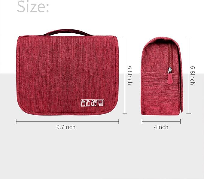 Large Capacity Toiletry Bag Travel Bag with Hanging Hook for Men and Women Waterproof Travel Cosmetic Bag Bathroom Storage Bag for Brushes Set, Full-Sized Shampoo, Toiletries, (Wine Red)