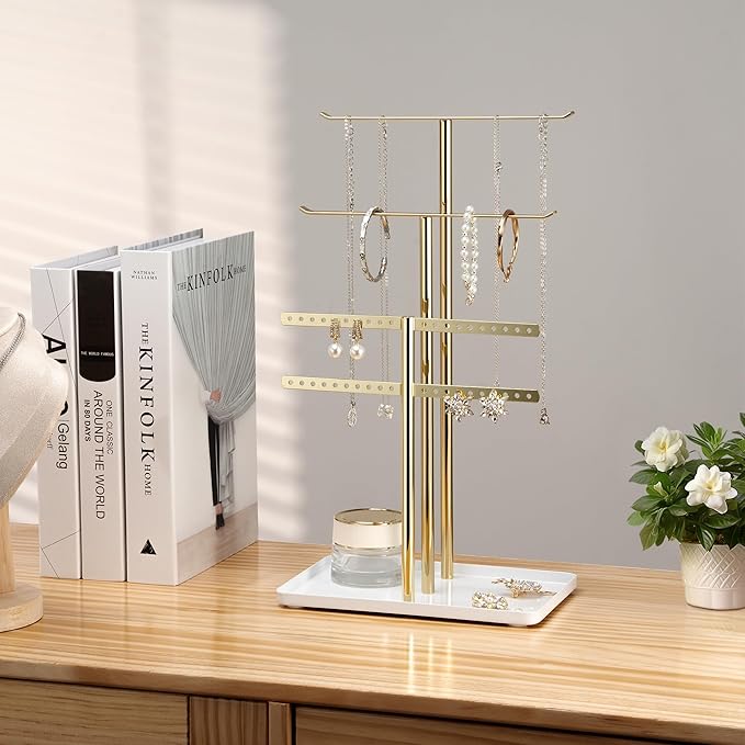 pickpiff Jewelry Stand Holder Organizer: 14.5" Sturdy Hanger for 80 Pcs Jewelry, Jewlery Tower for Display Necklace, Earring, Bracelet, Watch, Mirrored Gold