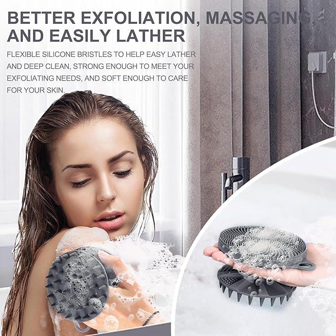 INNERNEED 2-in-1 Silicone Body Scrubber and Scalp Massager Shampoo Brush, Food-Grade Soft Material, More Hygienic, Easily Lather, Convenient for Travel, Gym, Business,etc (Gray)