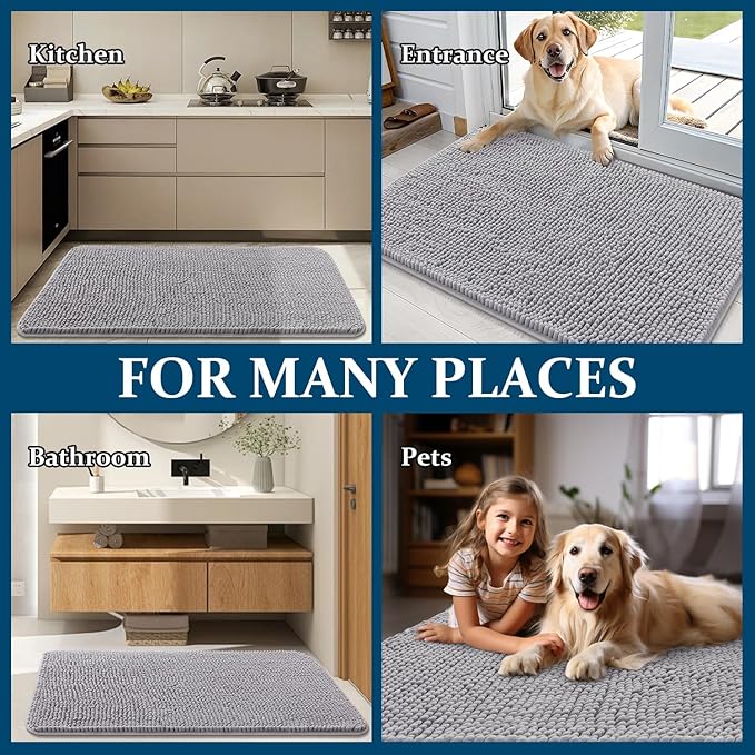 OLANLY Dog Door Mat for Muddy Paws 32x20, Absorbs Moisture and Dirt, Absorbent Non-Slip Washable Doormat, Quick Dry Chenille Mud Mat for Dogs, Entry Indoor Entryway Carpet for Inside Floor, Light Grey