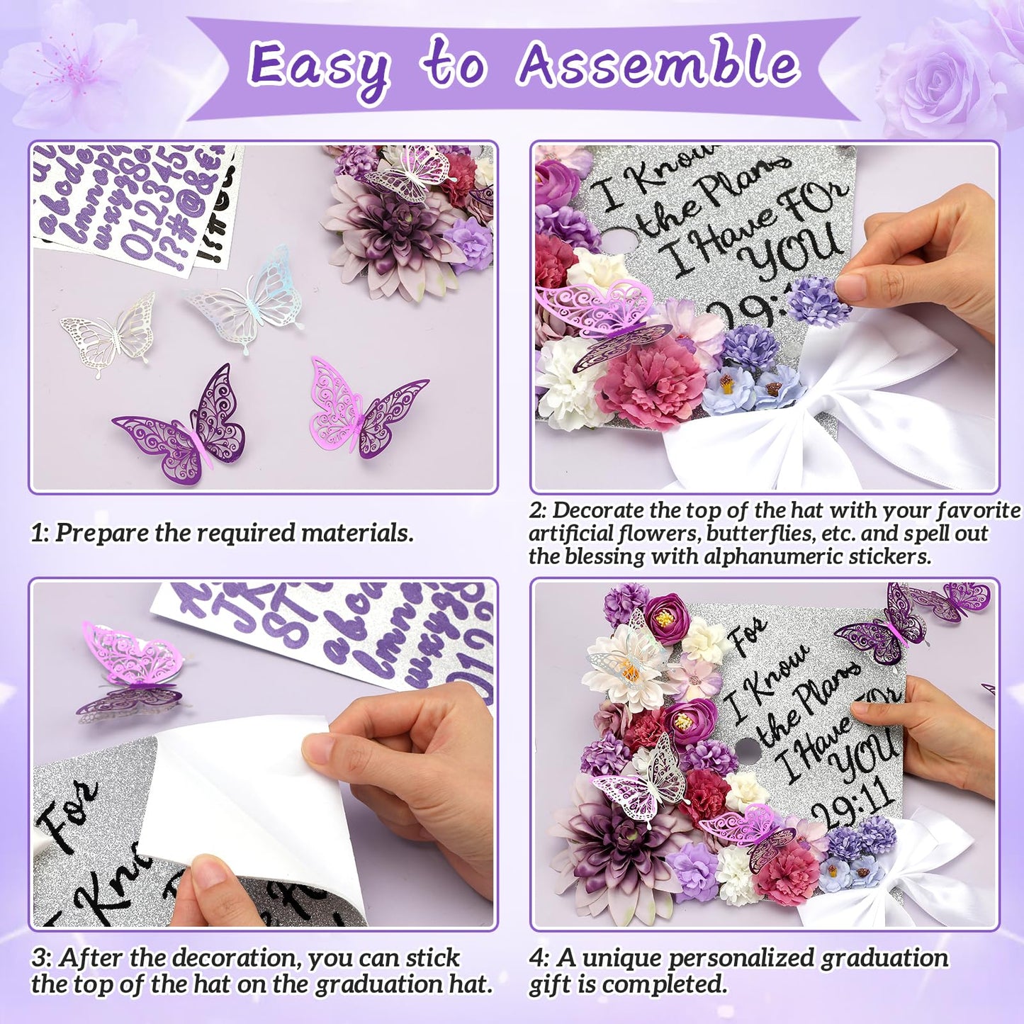 55 Pcs Purple DIY Graduation Cap Decorations Faux Assorted Flowers purple Bows 3D Butterfly Stickers Glitter Alphabet Letter Number Decals for DIY Hat Grad Cap Topper Graduation Party Supplies