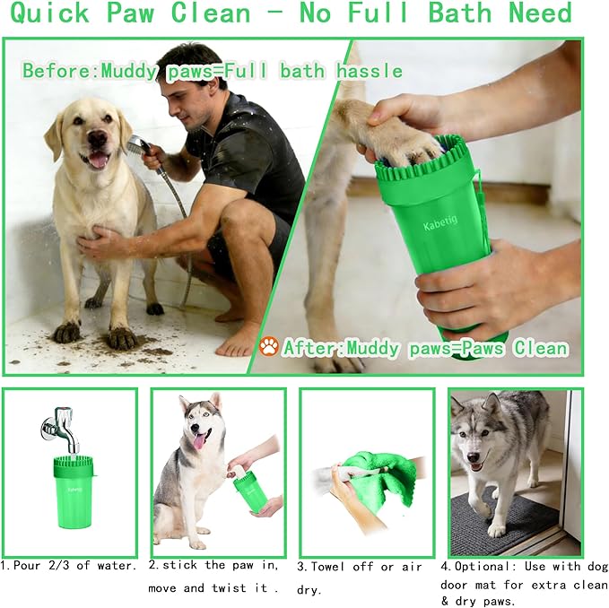 Dog Paw Cleaner Kit for Medium & Small Dogs - Quick Clean No Full Bath, 2-in-1 Paw Wash Cup with Detachable Silicone Brush Head, Includes Bath Brush & 3 Absorbent Towels, Green