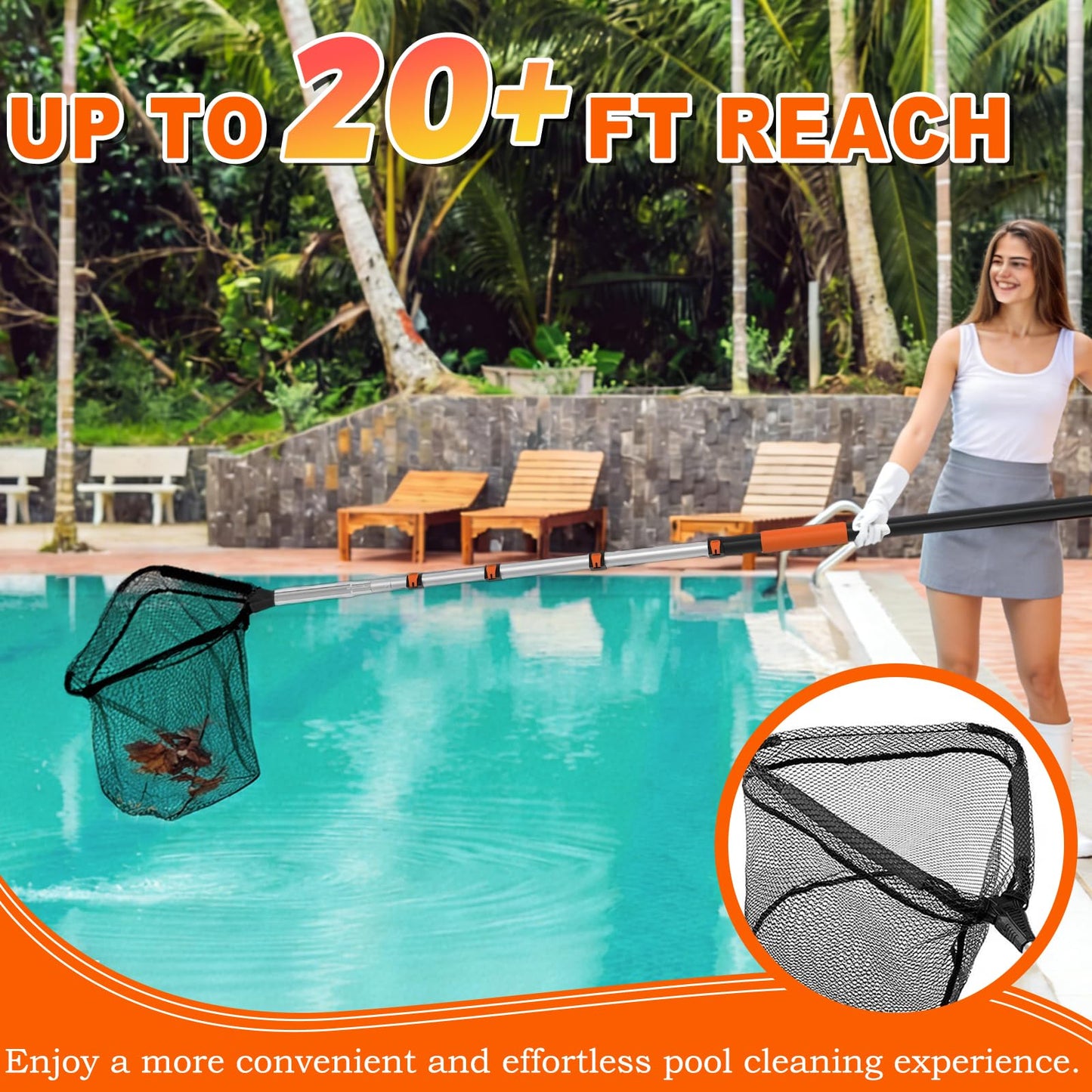 SISIUPASSIE 20FT Pool Skimmer Net with Pole, Foldable & Larger Capacity Pool Net for Cleaning, Telescopic Pool Pole Heavy Duty with Fine Mesh Pool Leaf Net for Above Ground & In-ground Pools