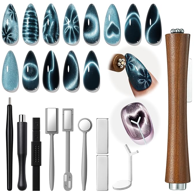 modelones Cat Eye Magnet Set, Heart French Cateye Gel Polish Nail Tools Kit Dual-Head 3 IN One Magnets Pen Heart Round Square Flower Glassy Moon Multi Effect Nail Art Designs Home DIY Salon Use