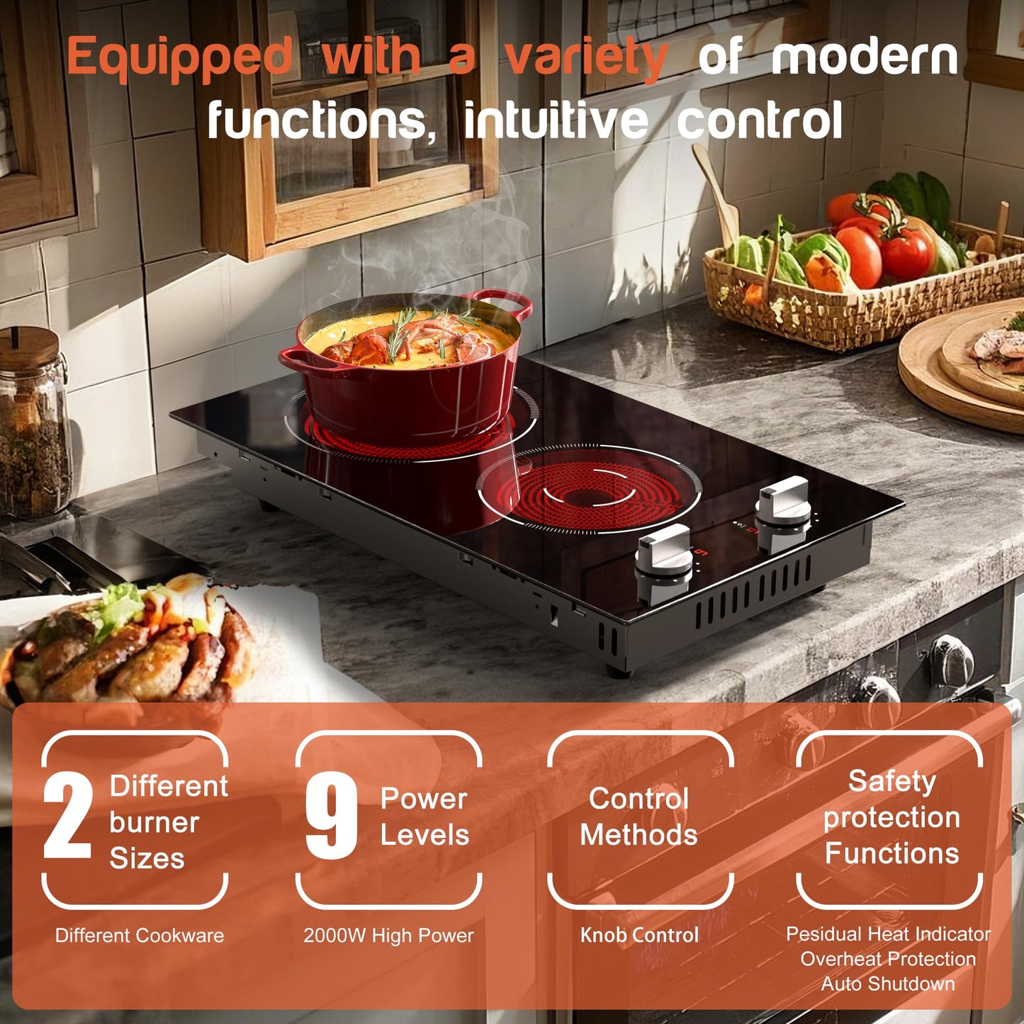 Karienvir 2 Burner Electric Cooktop, 12 Inch Countertop & Built-in Electrical Stovetop, 110V Electric Stove with Plug, Knob Control, 9 Power Level, 2000W(1400W+600W)