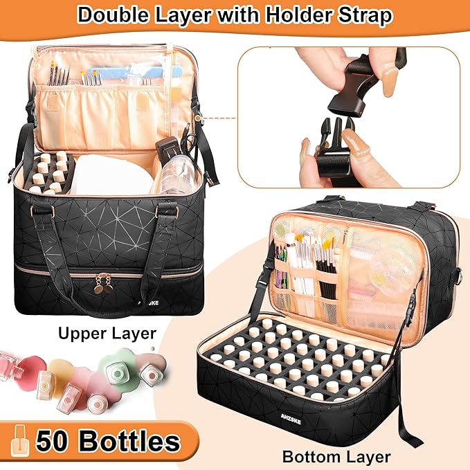 Nail Polish Organizer Bag Holds Nail Lamp& 50 Bottles (15ml/0.5fl.oz), PU Leather Nail Supplies Organizer Case with Shoulder& Holder Strap, Travel Nail Kit Storage for Manicure Tools (Black)