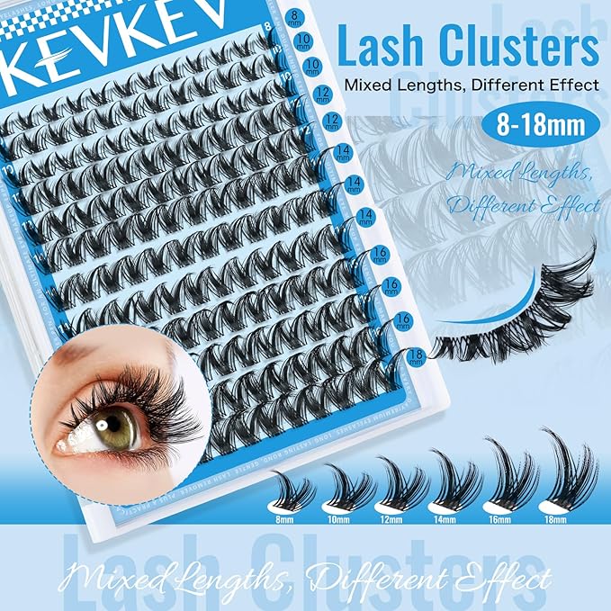KEVKEV Lash Clusters 144 Pcs Eyelash Clusters Wispy Natural Cluster Eyelash Extension Thin Band & Soft Mix Length Lashes DIY Eyelashes Clusters at Home Easy to Apply(K02,8-18mix)