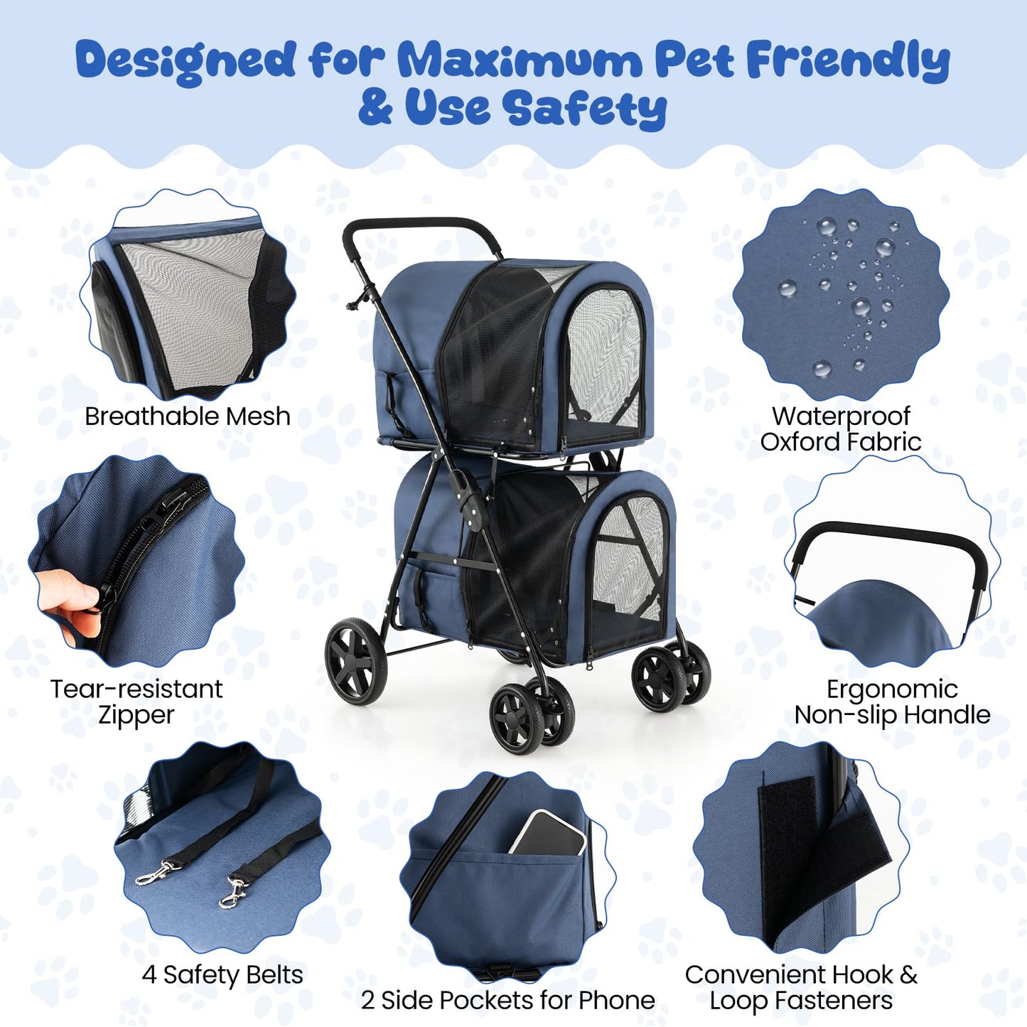 HAPPAWS Dog Stroller with 2 Detachable Carrier, Pet Stroller for Small Medium Dogs Cats, Jogger/Travel/Camping, 4-in-1 Doggy Pet Carrier, Carrier Strolling Cart with Lockable Wheels, Navy Blue