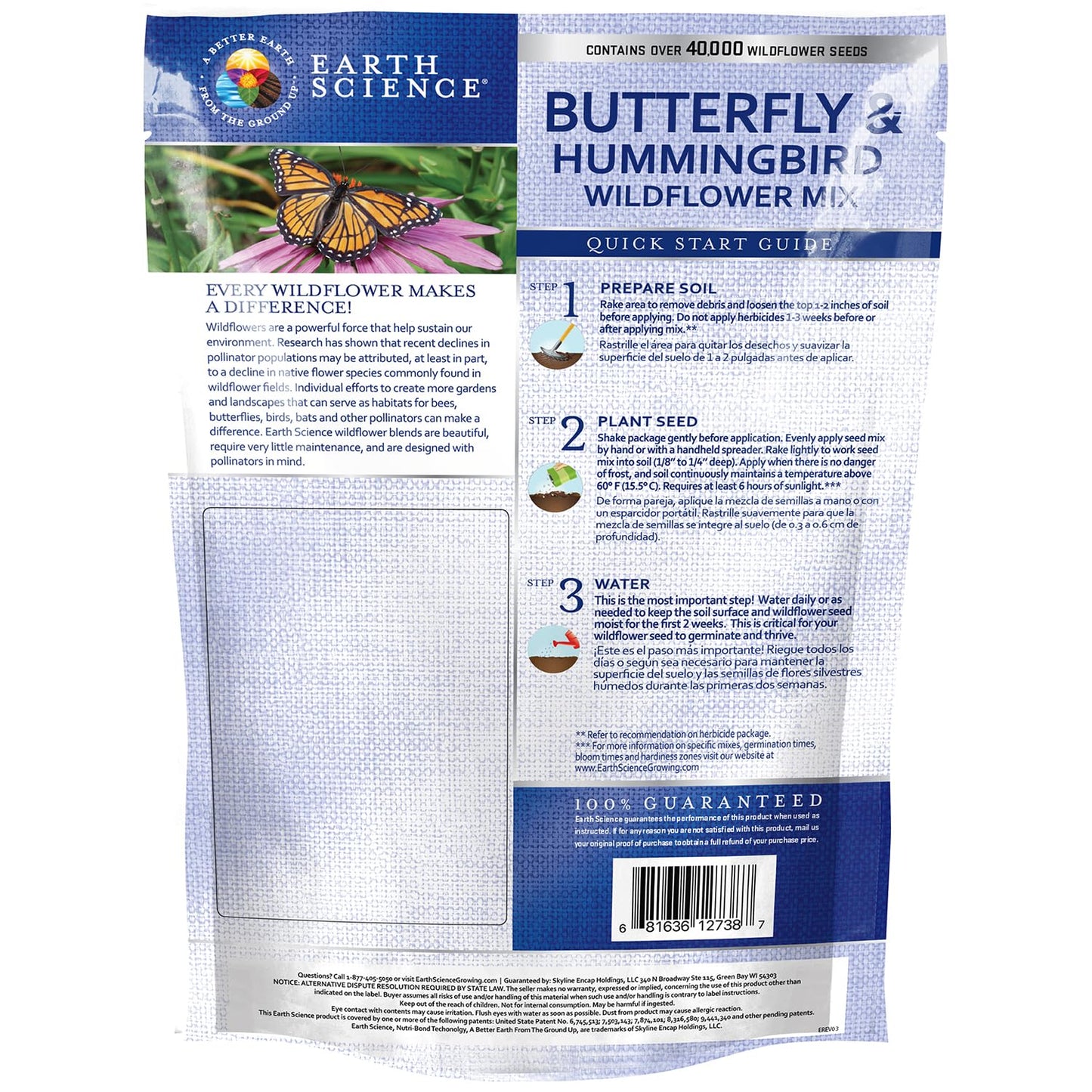 Earth Science Butterfly & Hummingbird Wildflower Seed Blend - 4oz - Premium Flower Seeds to Attract Bees, Butterflies, Hummingbirds & Native Pollinators - Non GMO