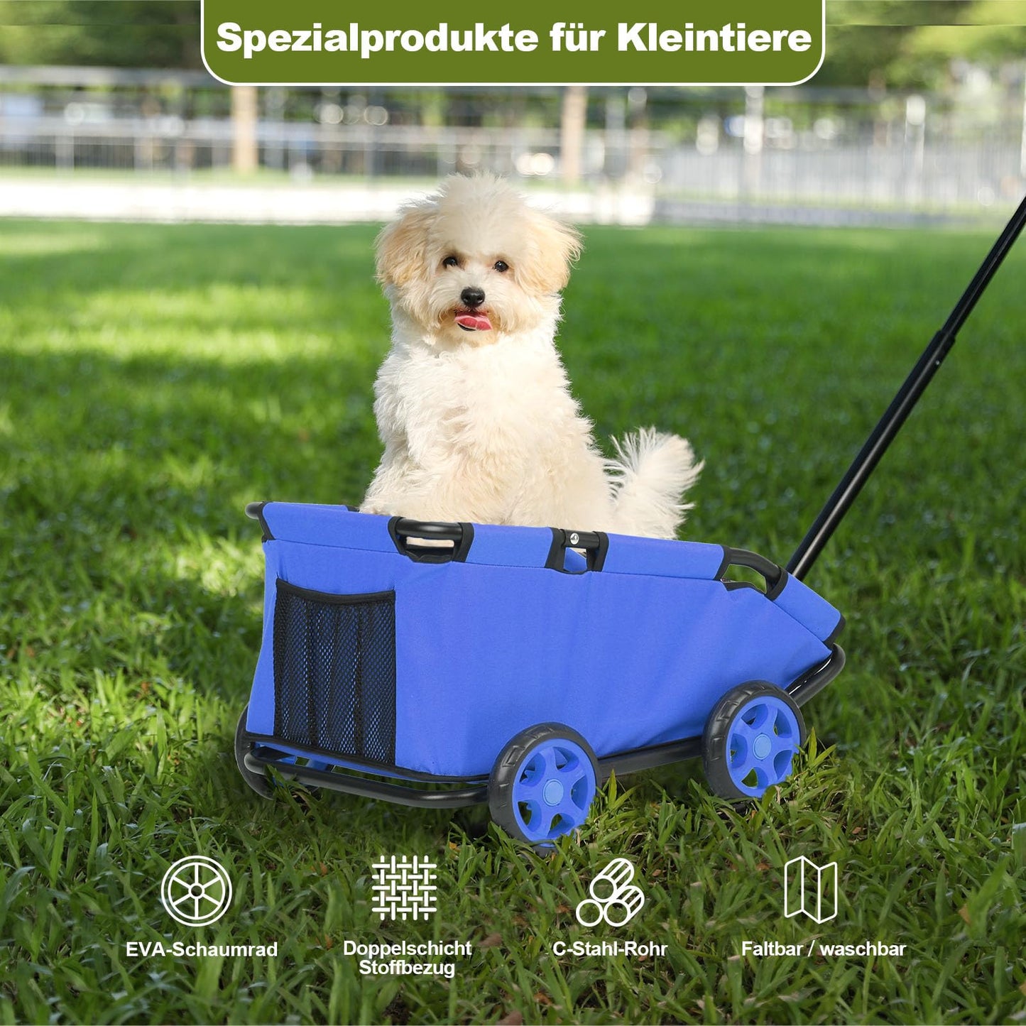 AESRAOU Mini Dog Strollers for Mini Pets, Foldable Multifunctional Shopping Carts with Extendable Pull Handle, Doggie Wagon Built-in Cushion and Safety Rope with Storage Bag (Blue)