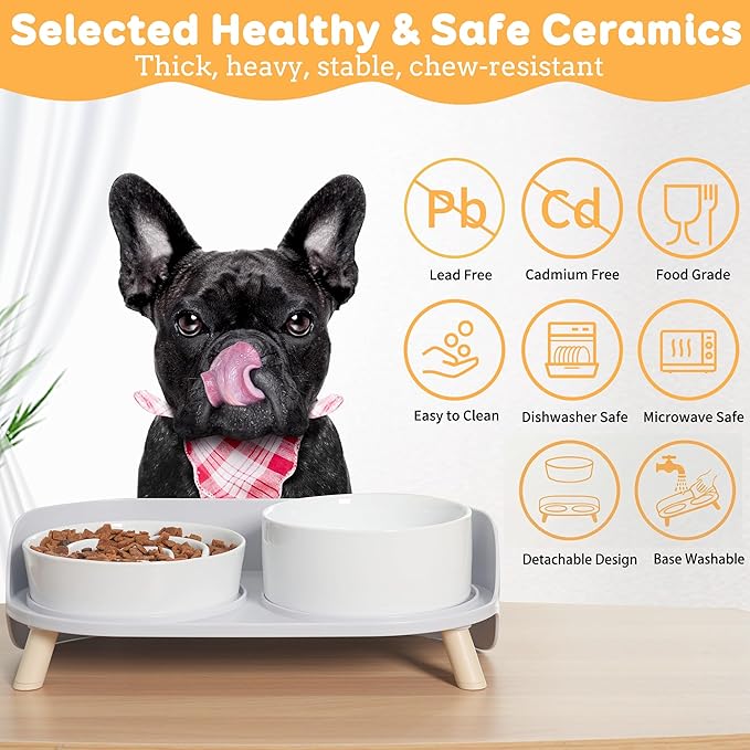 Elevated Slow Feeder Dog Bowls - Ceramic Food and Water Bowl Set with Stand - Raised Pet Dishes for Small and Medium Sized Dogs