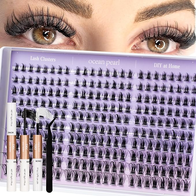 Ocean Pearl Lash Clusters Kit 240pcs,Eyelashes,spike-effect cluster lashes,10-18mm manga/anime-inspired lashes clusters,eyelash clusters,DIY Cluster Eyelash Extensions with lash bond+seal+tweezers-M33