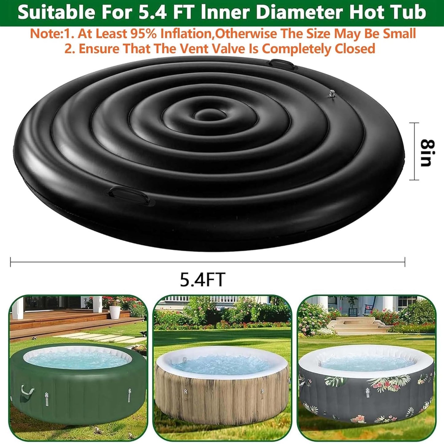 Tlswshsy 5.4 Ft Inflatable Hot Tub Cover- Energy Saving lid for Round Hot Tub- Foldable Protective Rain Overflow Cover for Outdoor Inflatable Hot Tubs (Black)