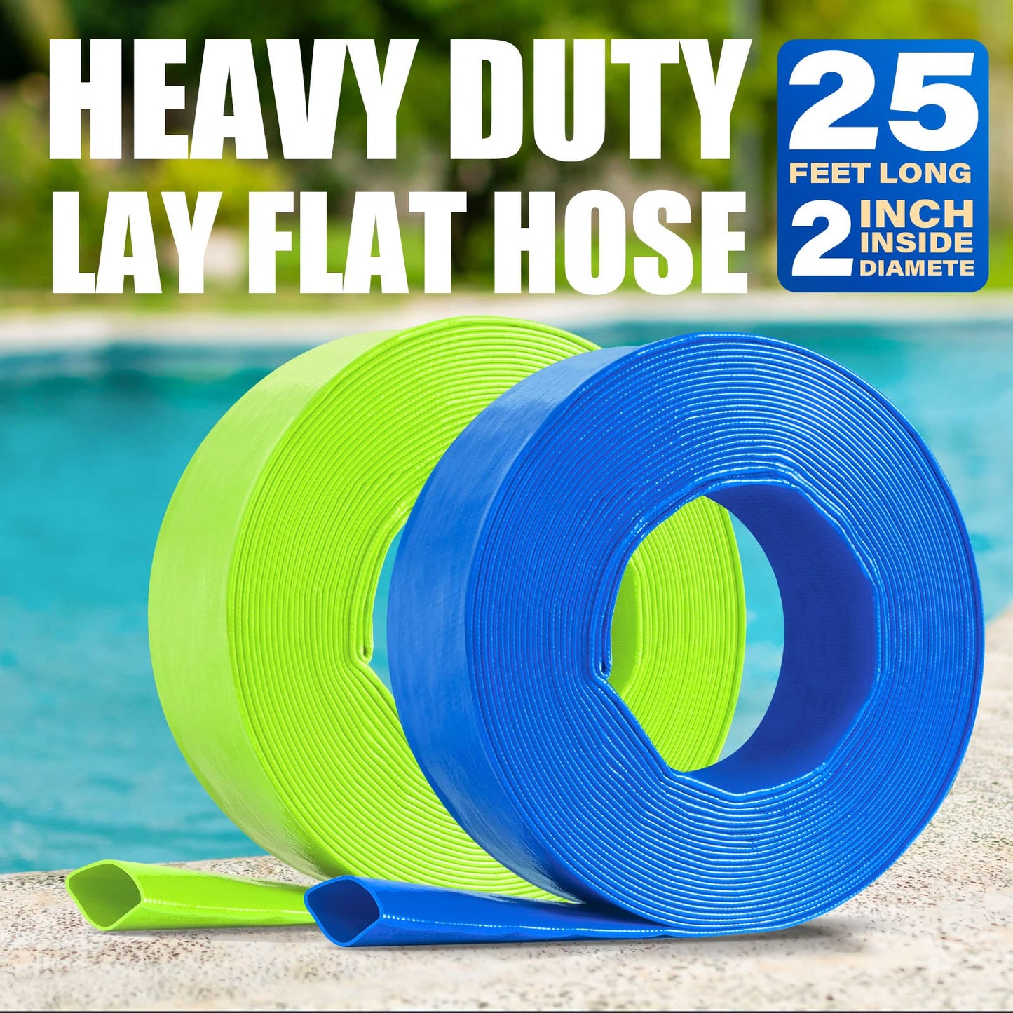 Jin&Bao 2" x 25 FT Pool Backwash Hose, Heavy Duty Reinforced Lay-Flat Discharge Hose, Burst Resistant Drain Hose with 2 Clamps, for Pool Filter & Sump Pump-Blue