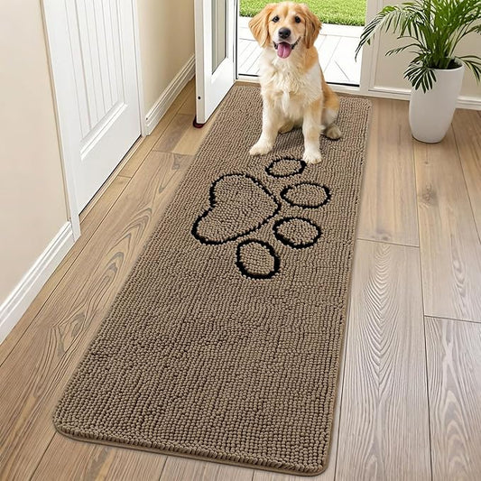 Smiry Dog Door Mat for Muddy Paws, Absorbent Dirt Trapper Non Slip Quick Dry Washable Chenille Mat for Mud Dogs, Entry Rug for Indoor and Outdoor (70x24 Inches, Camel and Black)