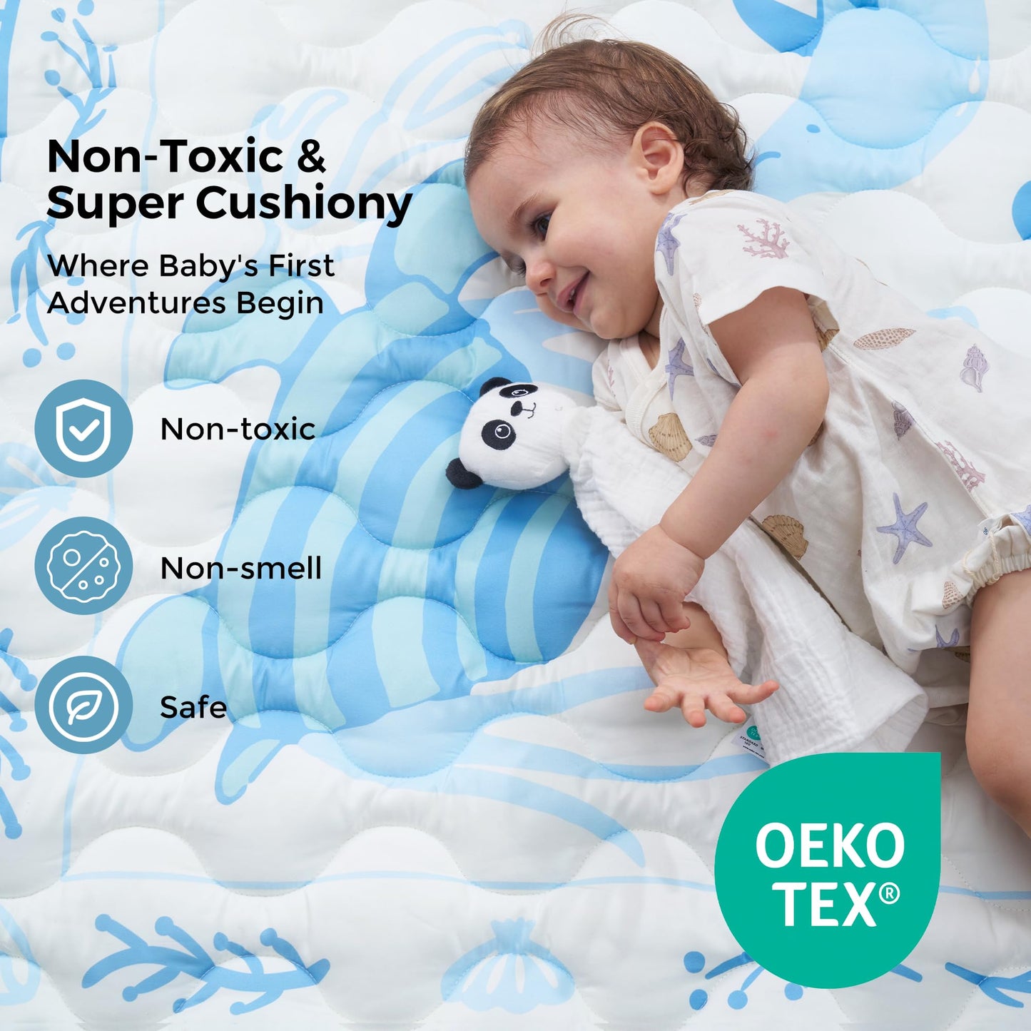 Momcozy Baby Play Mat for Floor, 50x50 Thickened Playpen Mat, Playmate for Baby Tummy Time, Waterproof & Non-Slip, Foldable Outdoor Mat with Carrying Handle, Ocean Theam
