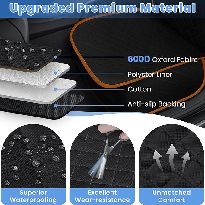 Dog Car Seat Covers, Waterproof Front Seat Cover for Dogs, Scratch-Proof, Nonslip Pet Passenger Seat Cover Protector, Universal Fit for Cars Trucks SUVs, Standard Size, Black with Orange