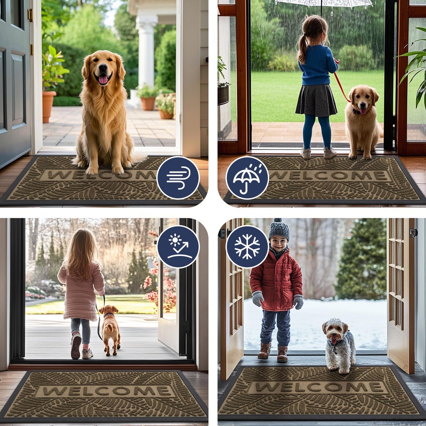 Smiry Welcome Mat Indoor Outdoor, All-Season Waterproof Front Door Mat, Sturdy Natural Rubber Doormat, Non-Slip, Easy Clean, Low Profile Dirt Trapper for Porch Patio Entrance, 59x34, Brown