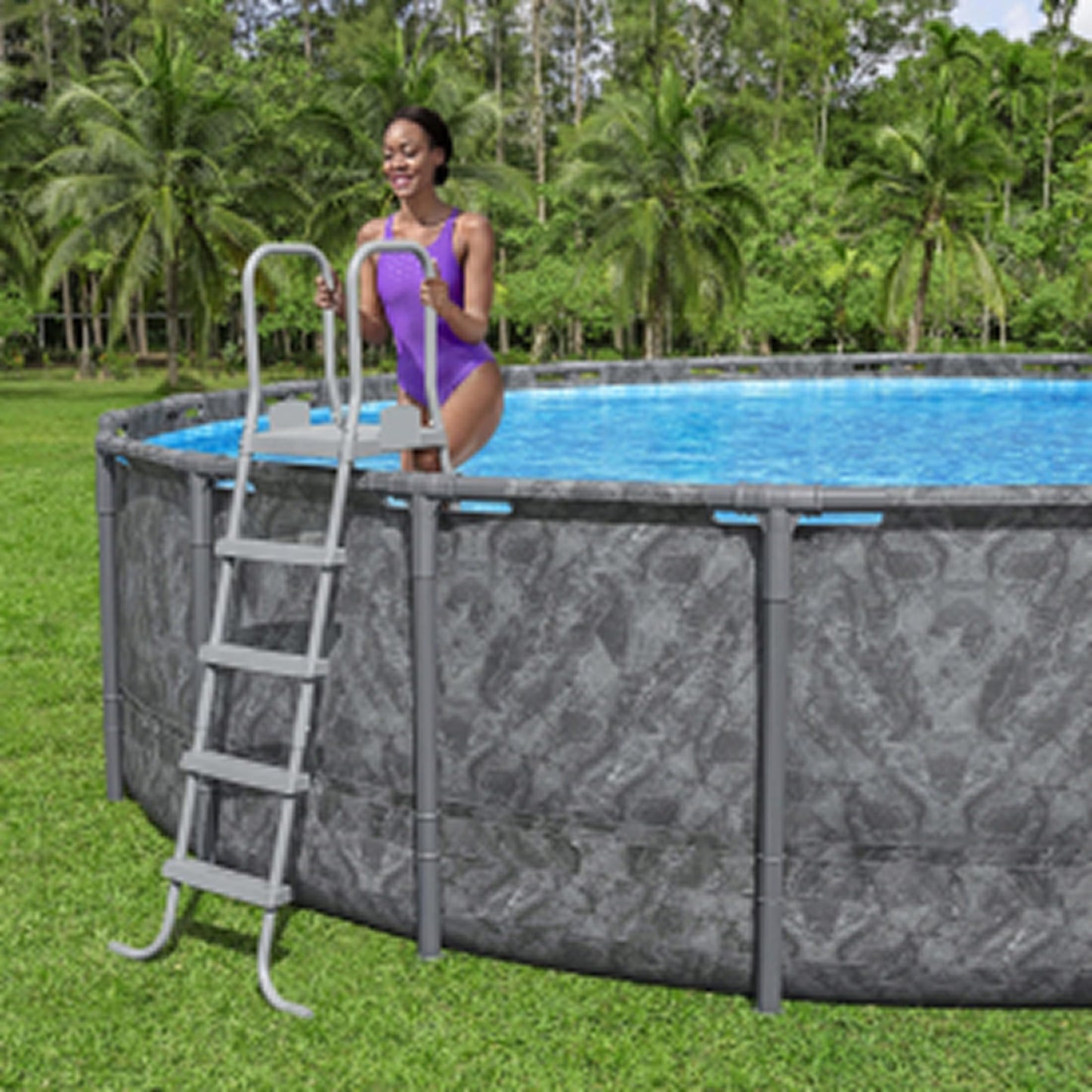 Bestway Flowclear 52 Inch Versatile Metal A Frame Above Ground Swimming Pool Ladder with Heavy Duty Plastic Double Sided Steps