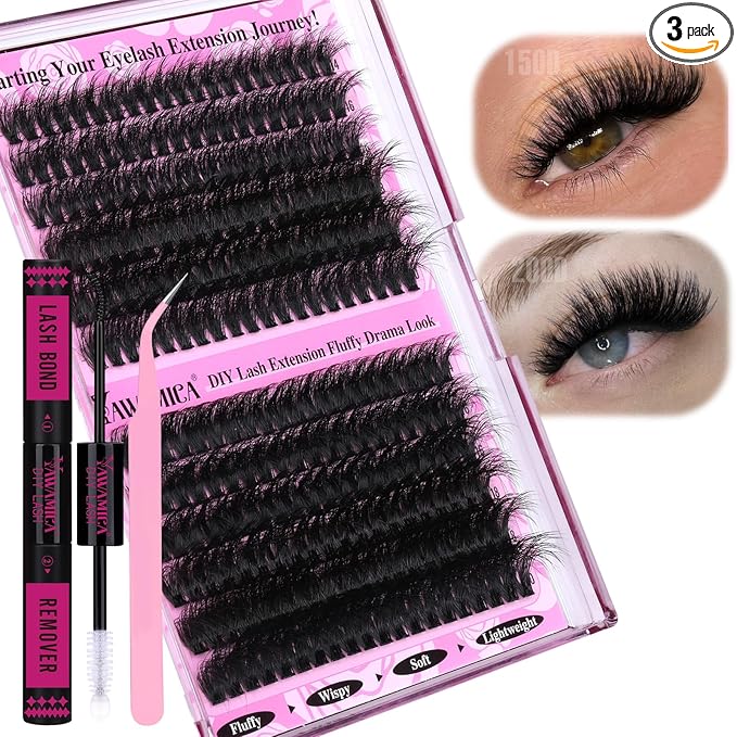 Yawamica Fluffier Lash Clusters Kit 150D+200D Thick Volume Lash Extension 14-20mm Wispy Eyelash Clusters Individual Lashes Kit with Bond, Remover, Applicator for DIY Lash Extension