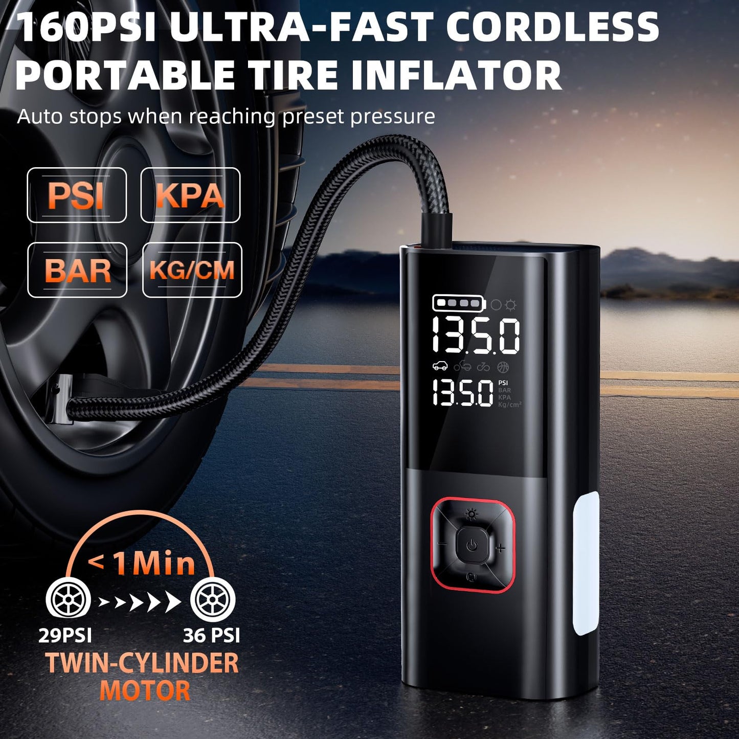 Jump Starter with Air Compressor, 5000A Battery Jumper Starter Portable (9L Gas/8L Diesel) with 160PSI Auto-Shutoff Tire Inflator, 12V Jump Box Car Battery Jump Starter with Jumper Cables, LED Light