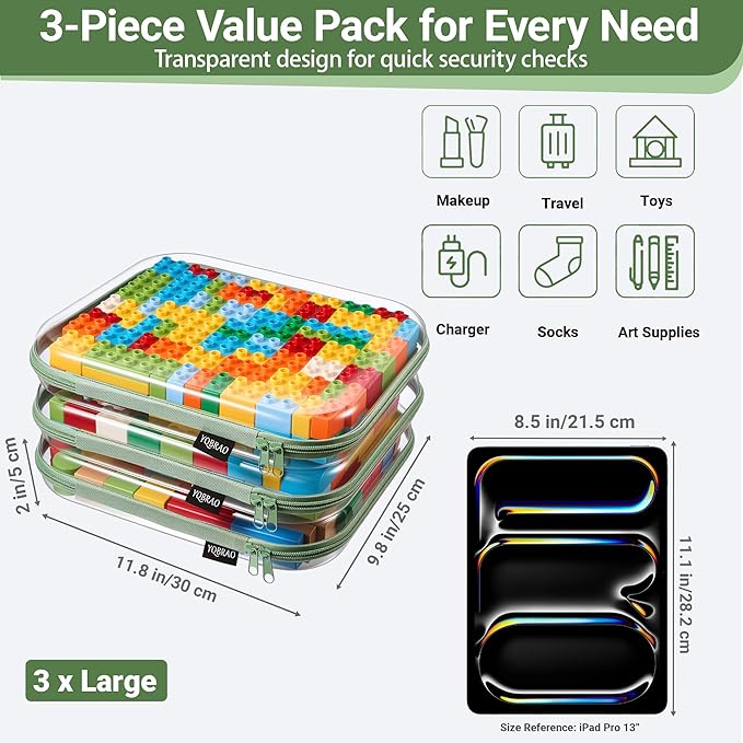 YQBRAO 3-Pack Large Clear Hard Shell Zipper Case, 1.2mm Ultra-Thick Rigid Toy & Closet Organizer, Heavy-Duty Diaper Bag Pouch Set with YKK Zippers, Waterproof Travel Storage (Green)