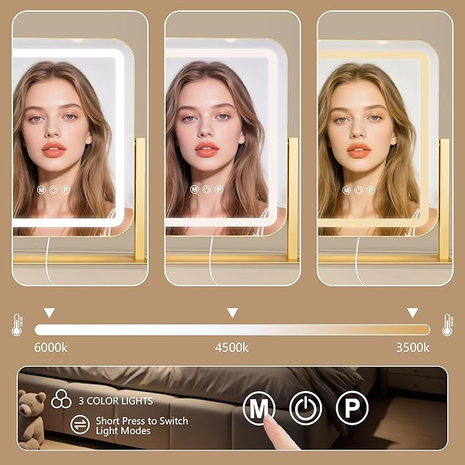 Gold Vanity Mirror with Lights 15"×13", Led Makeup Mirror, Lighted Makeup Mirror with 3 Color Dimmable Lights, Smart Touch Screen Control, 360°Rotation